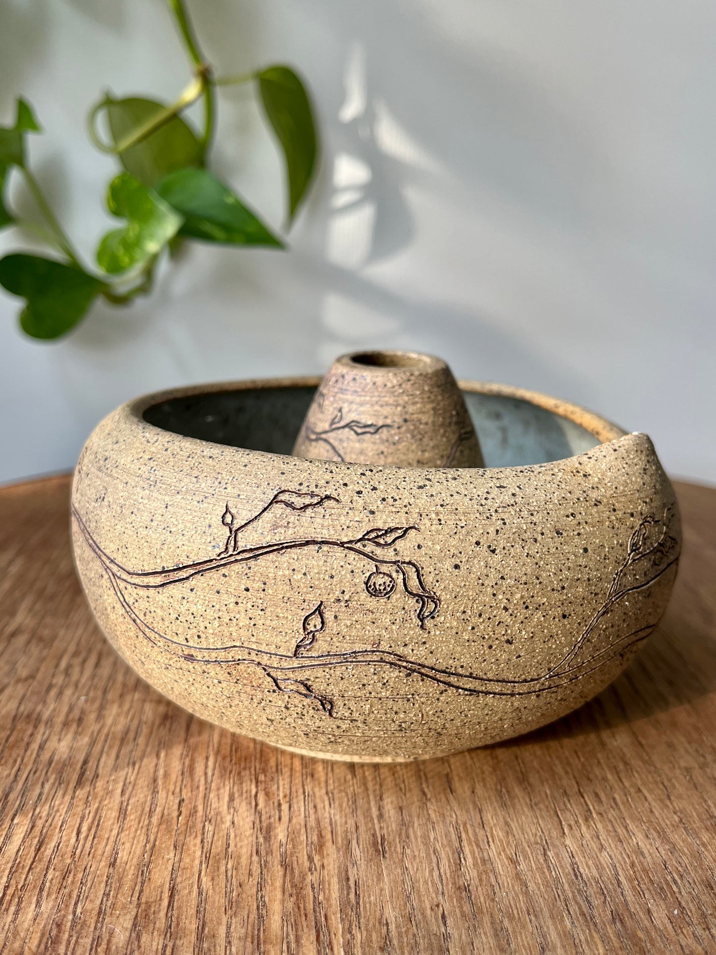 Orange Branch Matcha Bowl Set - Raw Clay Exterior