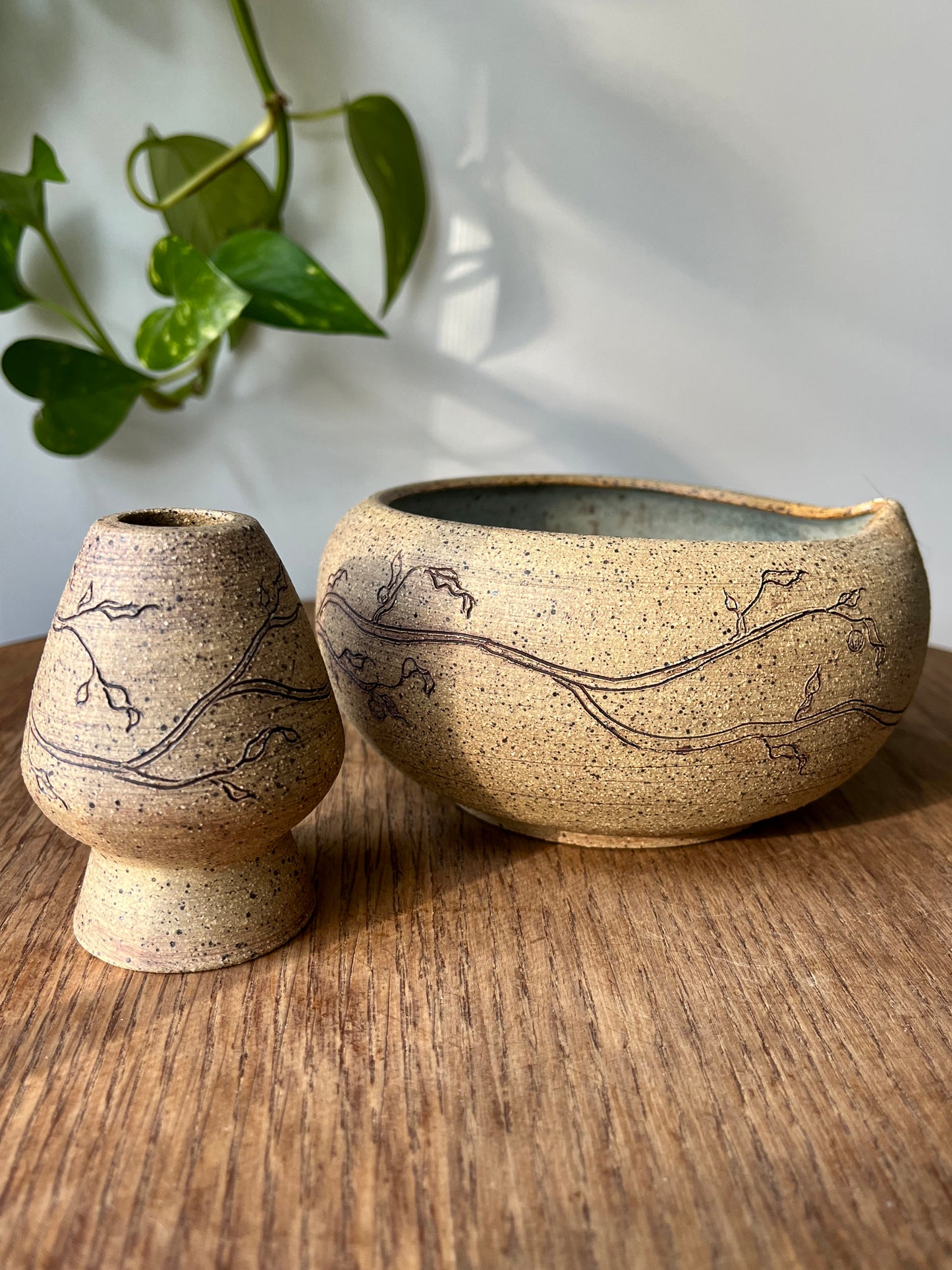 Orange Branch Matcha Bowl Set - Raw Clay Exterior