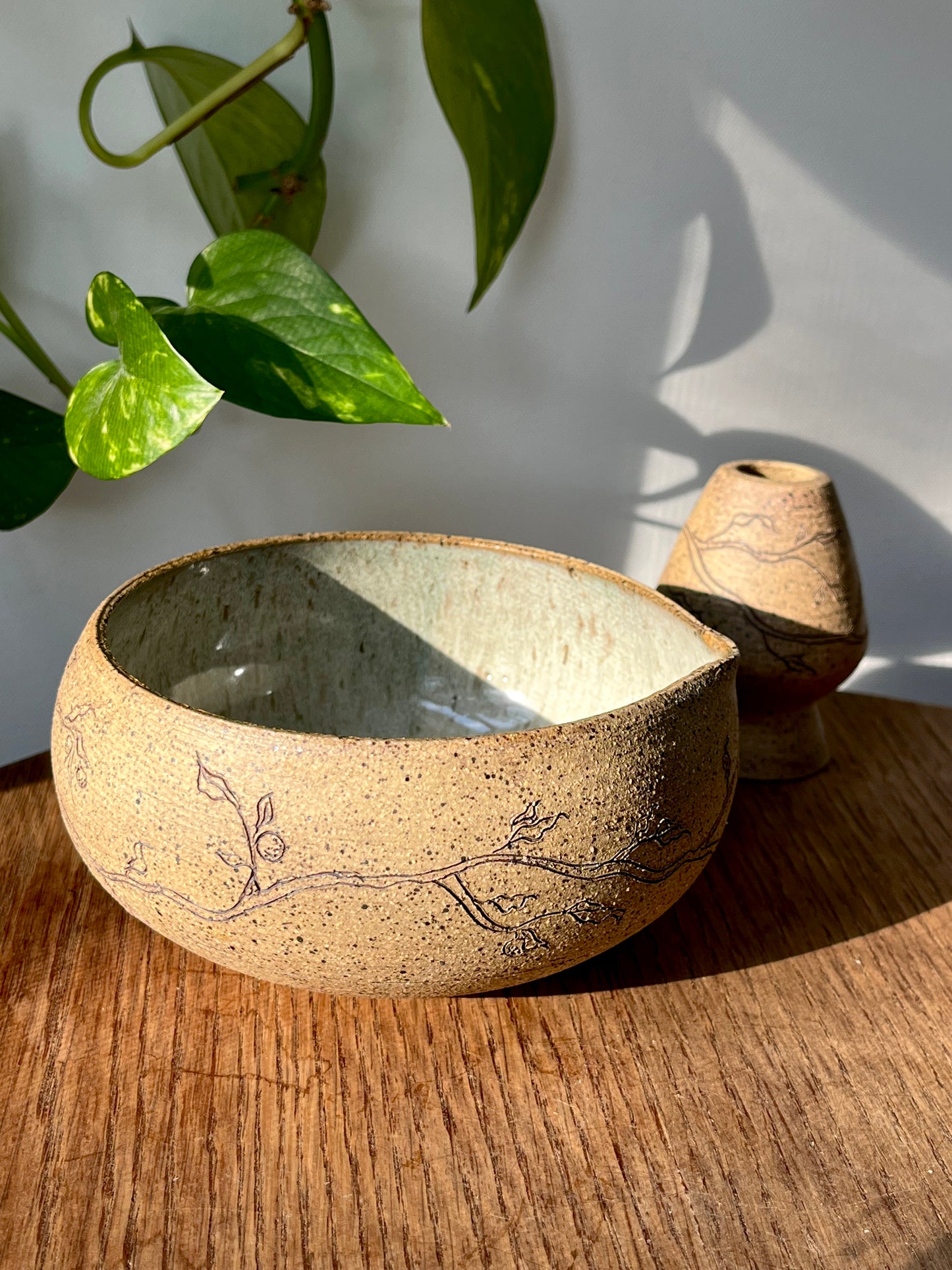 Orange Branch Matcha Bowl Set - Raw Clay Exterior