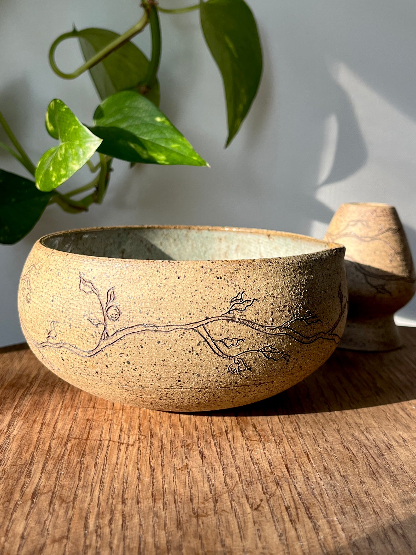 Orange Branch Matcha Bowl Set - Raw Clay Exterior