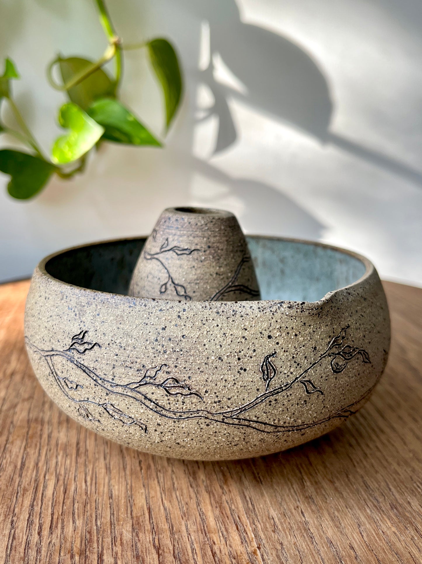 Orange Branch Matcha Bowl Set - Raw Clay Exterior