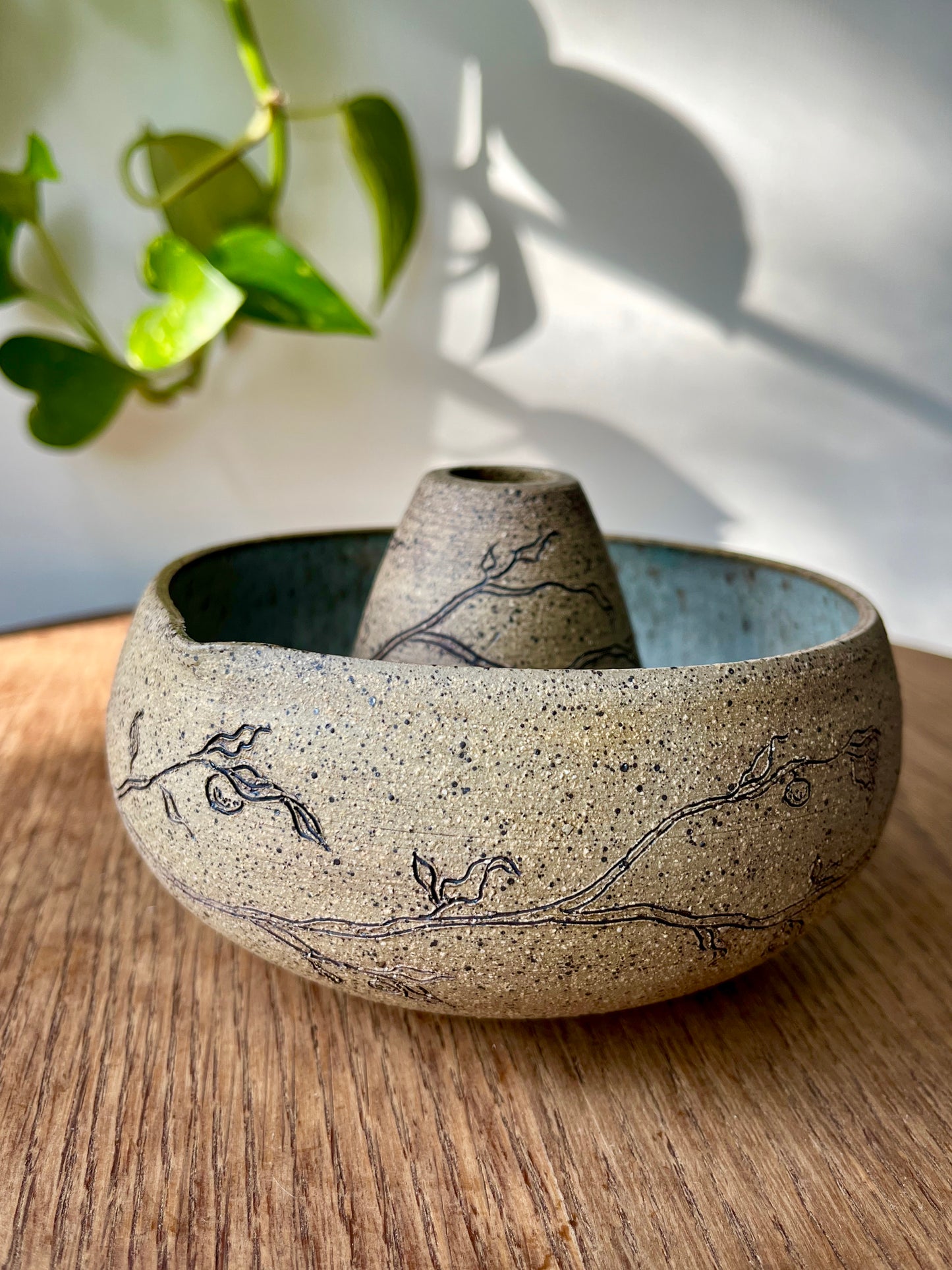 Orange Branch Matcha Bowl Set - Raw Clay Exterior